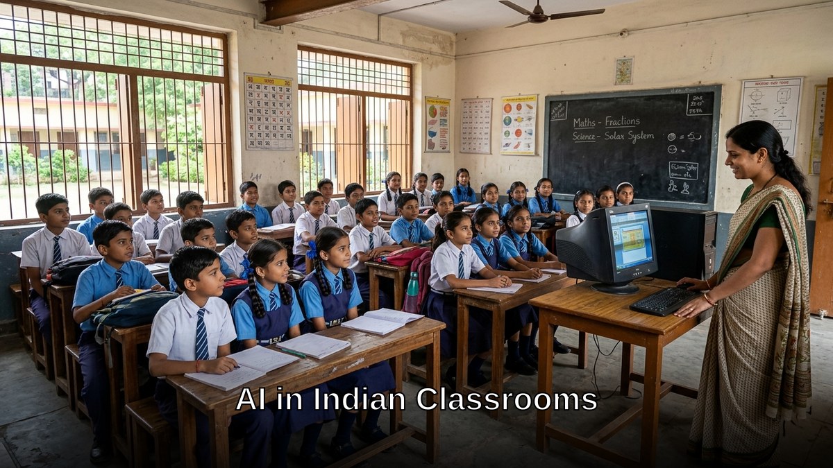 Indian classroom with students and teacher using technology for learning