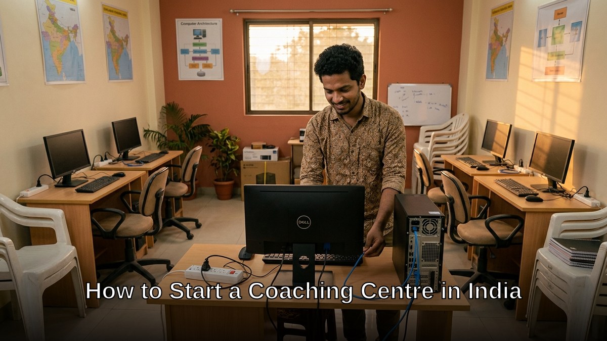 Young Indian educator setting up a coaching centre with computers in a warm classroom