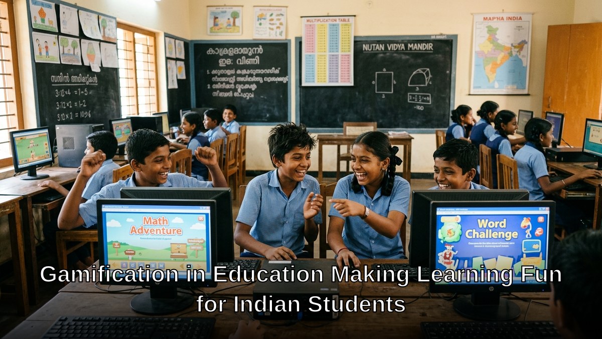 Indian students playing educational games on computers in a classroom
