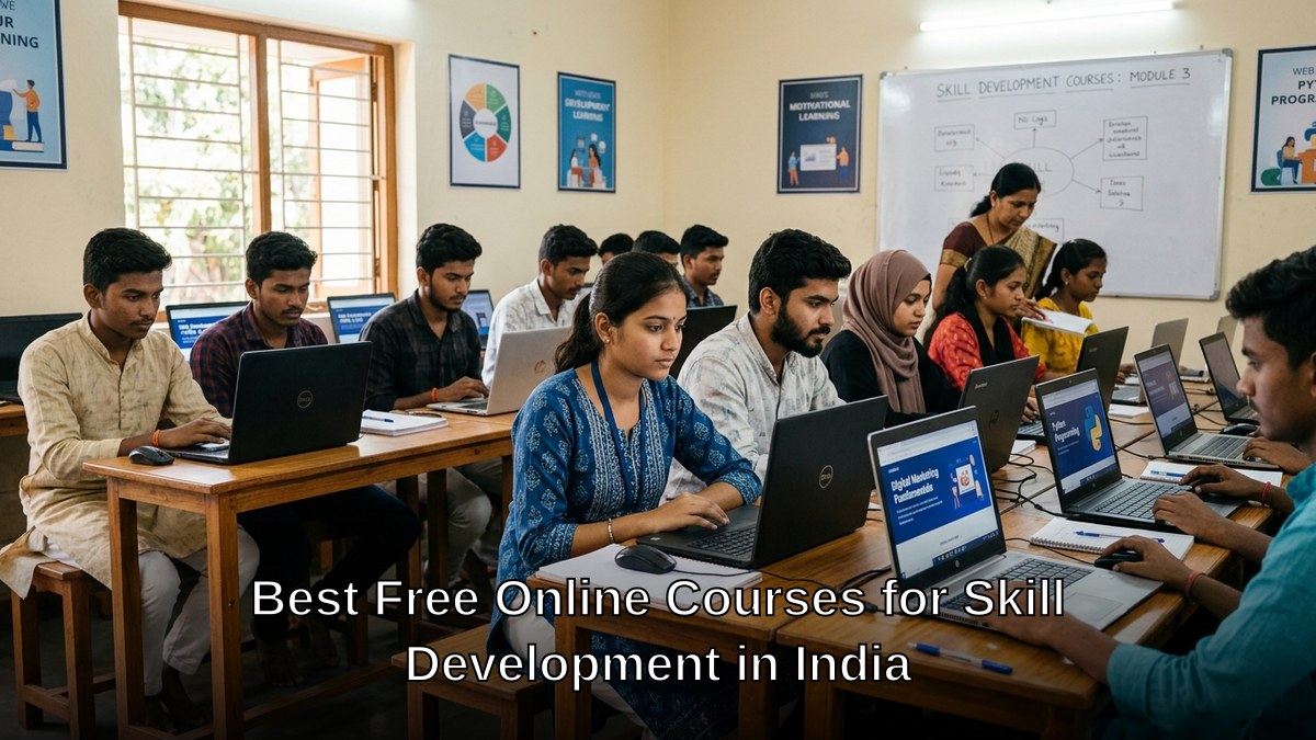 Indian students learning on laptops in a community centre, skill development courses on screen
