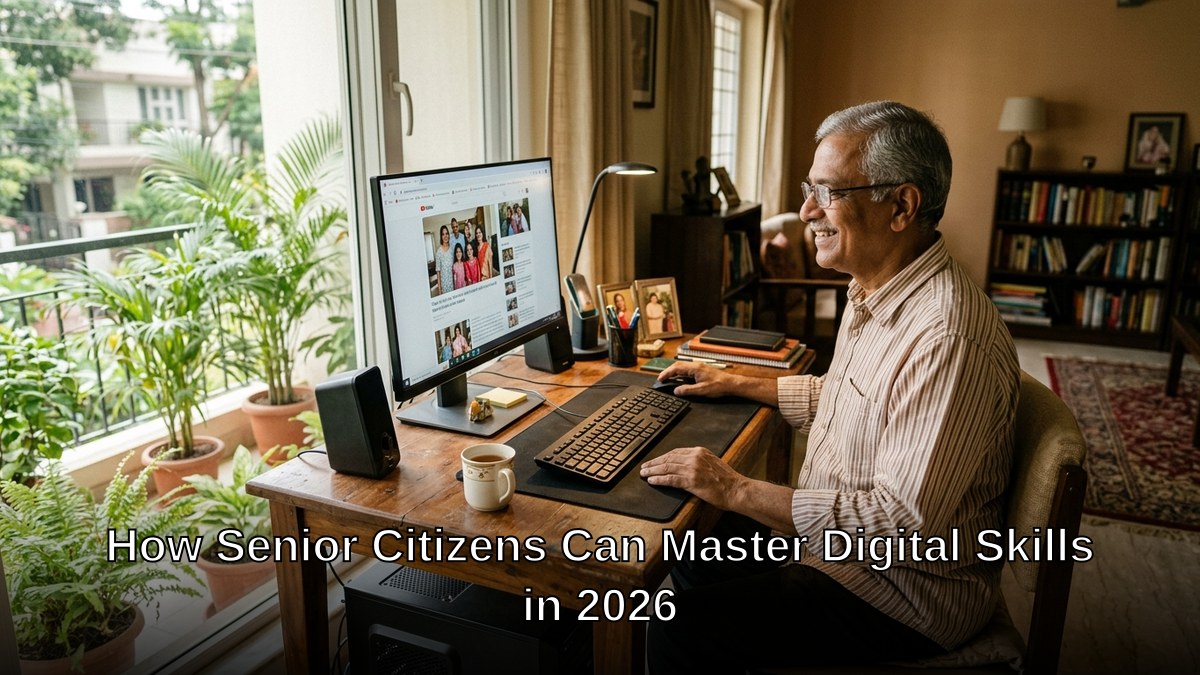 Senior citizen learning digital skills at home with a computer