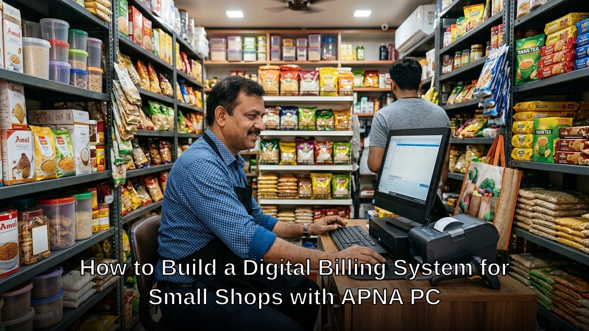 Indian kirana store owner using computer for digital billing system