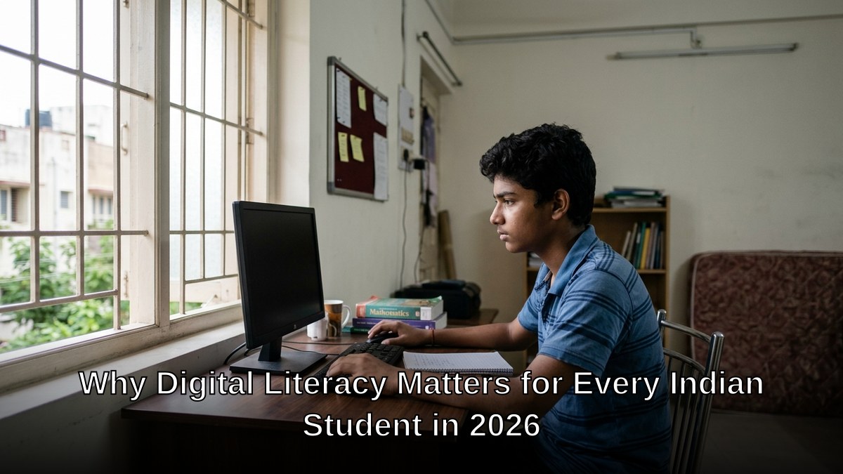 Indian student learning digital literacy skills at home with computer