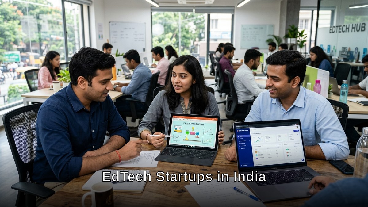 Indian edtech startup founders working in modern office with laptops and digital tablets