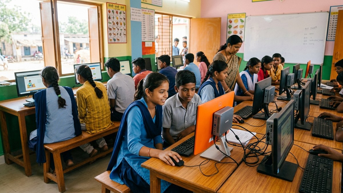 Indian students learning at a community digital learning centre with mini PCs in a bright classroom