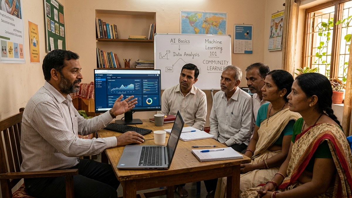 Indian educator using AI tools for teachers with community learners