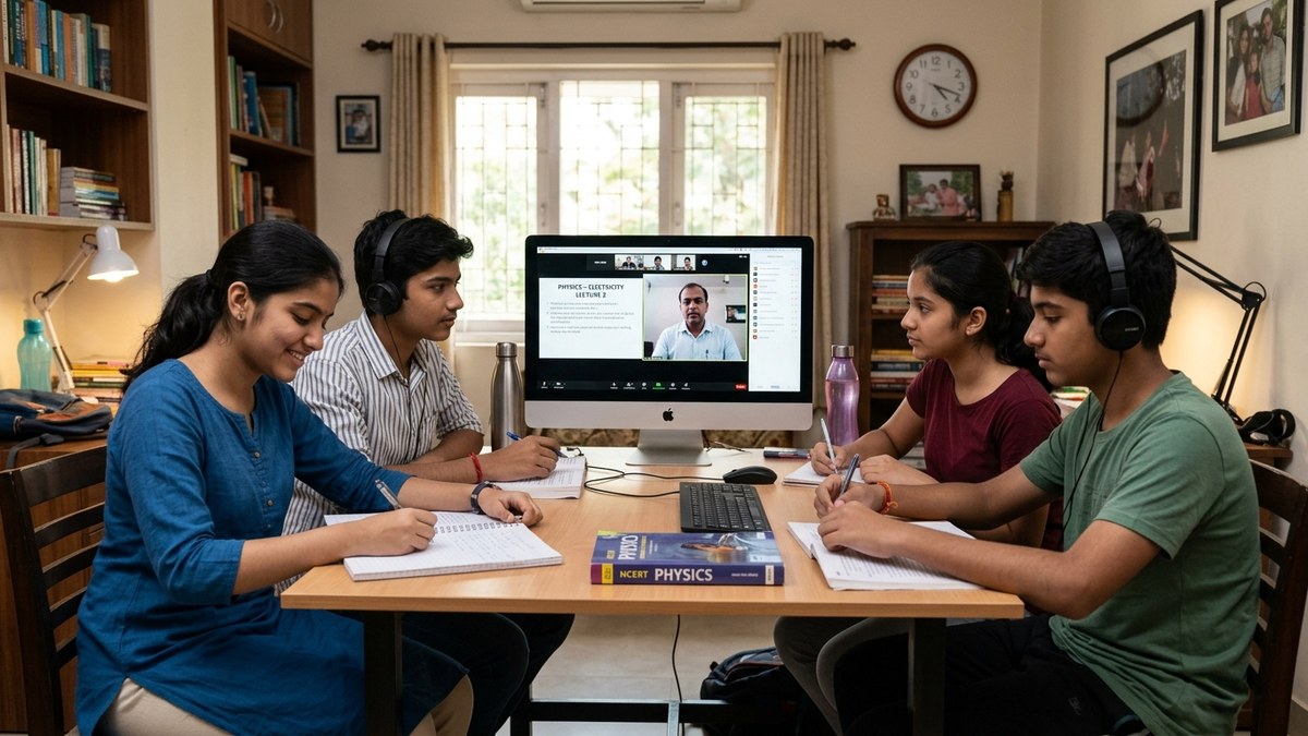 Indian students attending online tuition from home on computer screen during class session