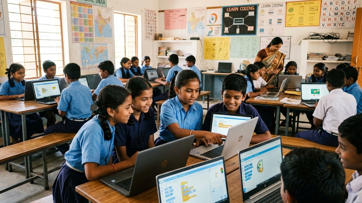 digital skills Indian students learning on laptops