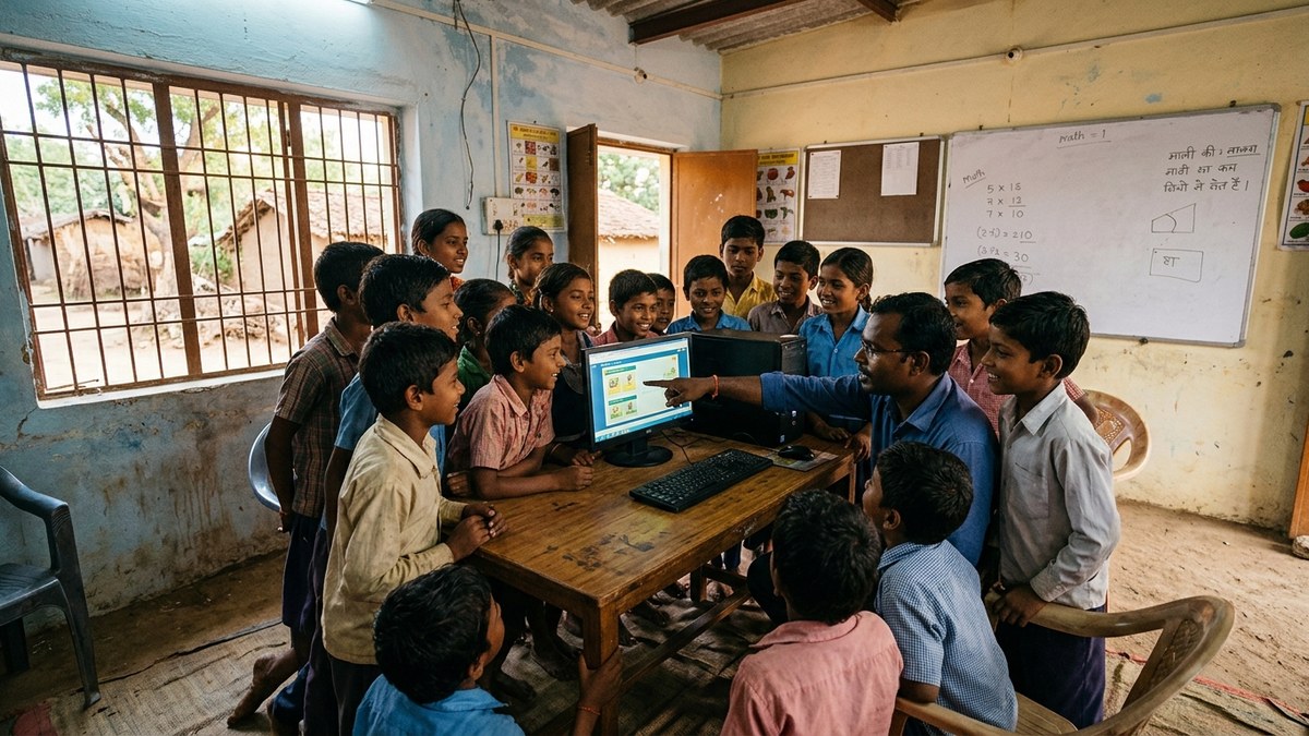 Community learning centre in rural India with students gathered around a computer setup