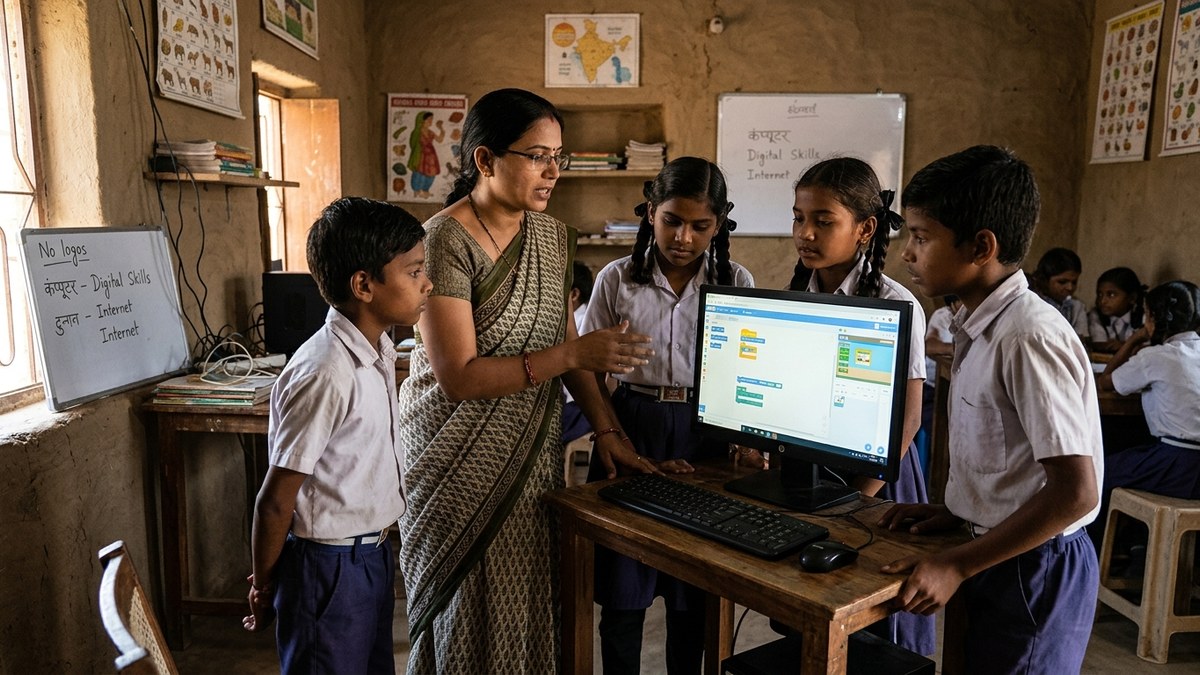 Rural Indian educator teaching digital literacy skills to students