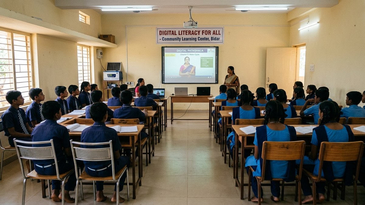 Indian students attending digital coaching class in community learning center