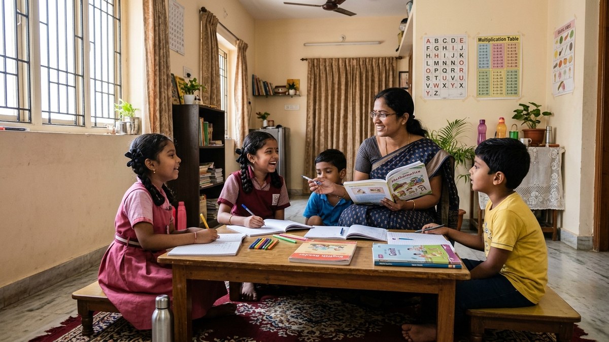 Indian teacher with small group of students in home-based learning environment