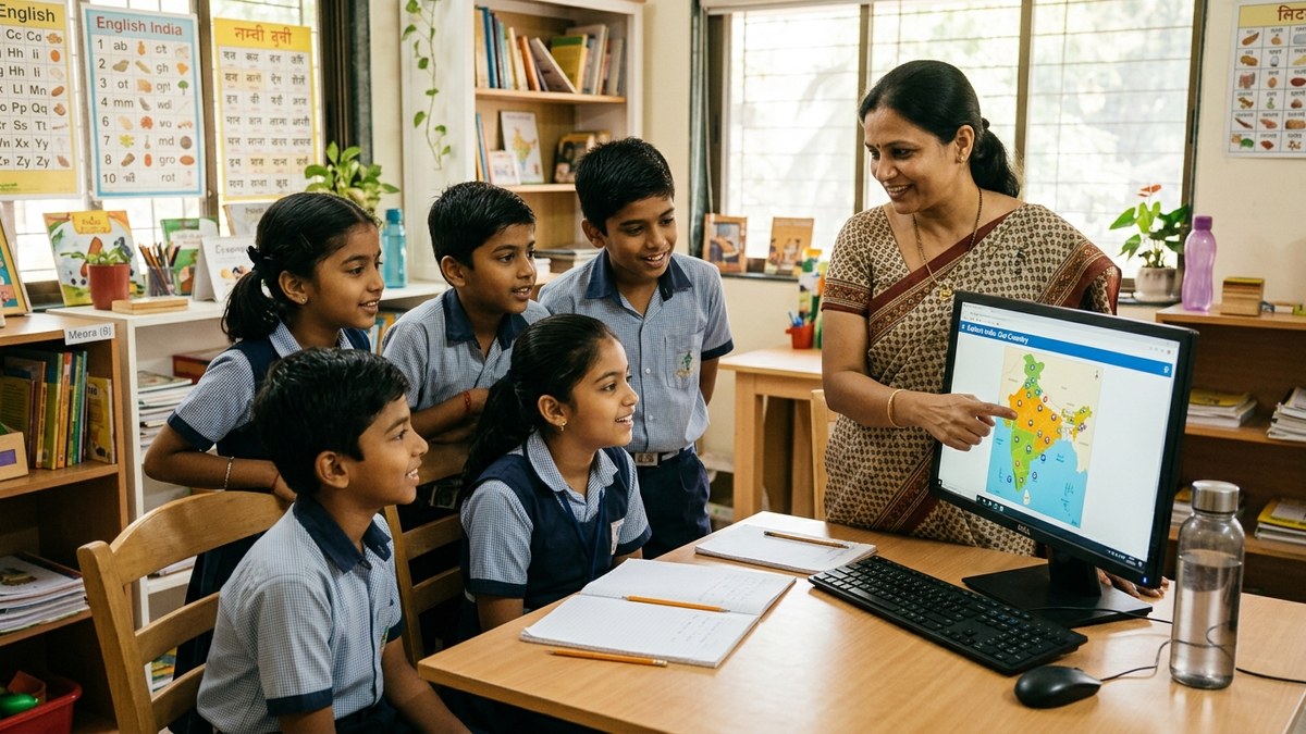 Trained educator teaching students on computers in classroom