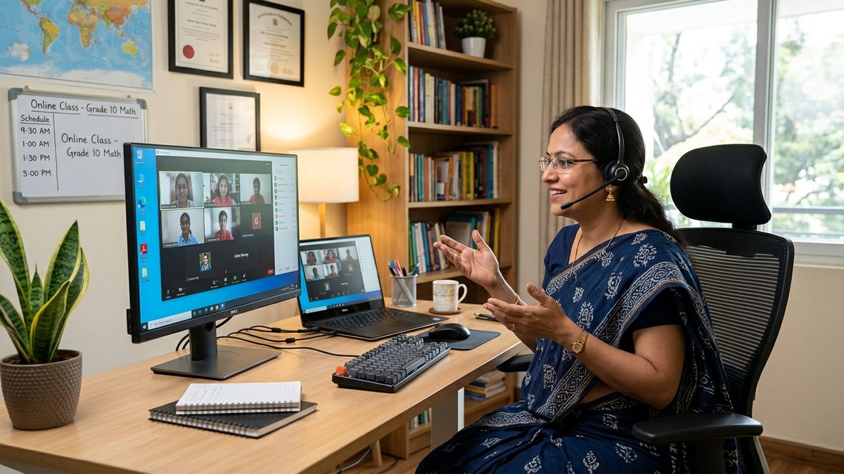 tuition teacher using computer for online classes in home office