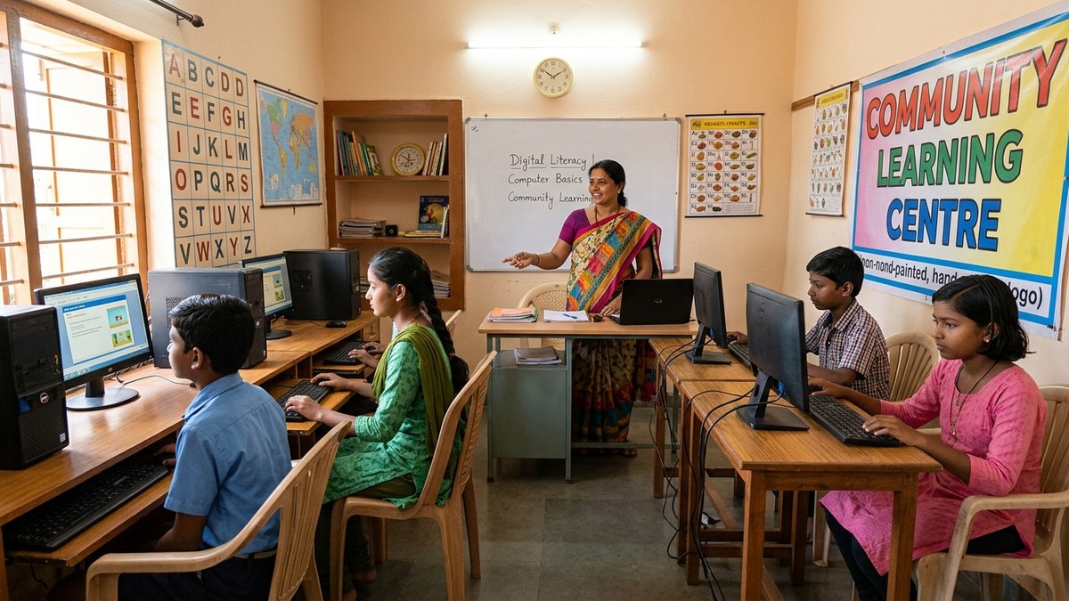 Indian student learning digital skills at community learning centre with trained educator