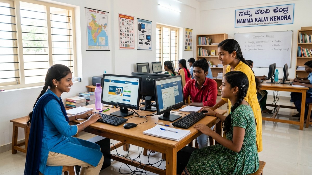 Indian community learning center with computers and students studying together