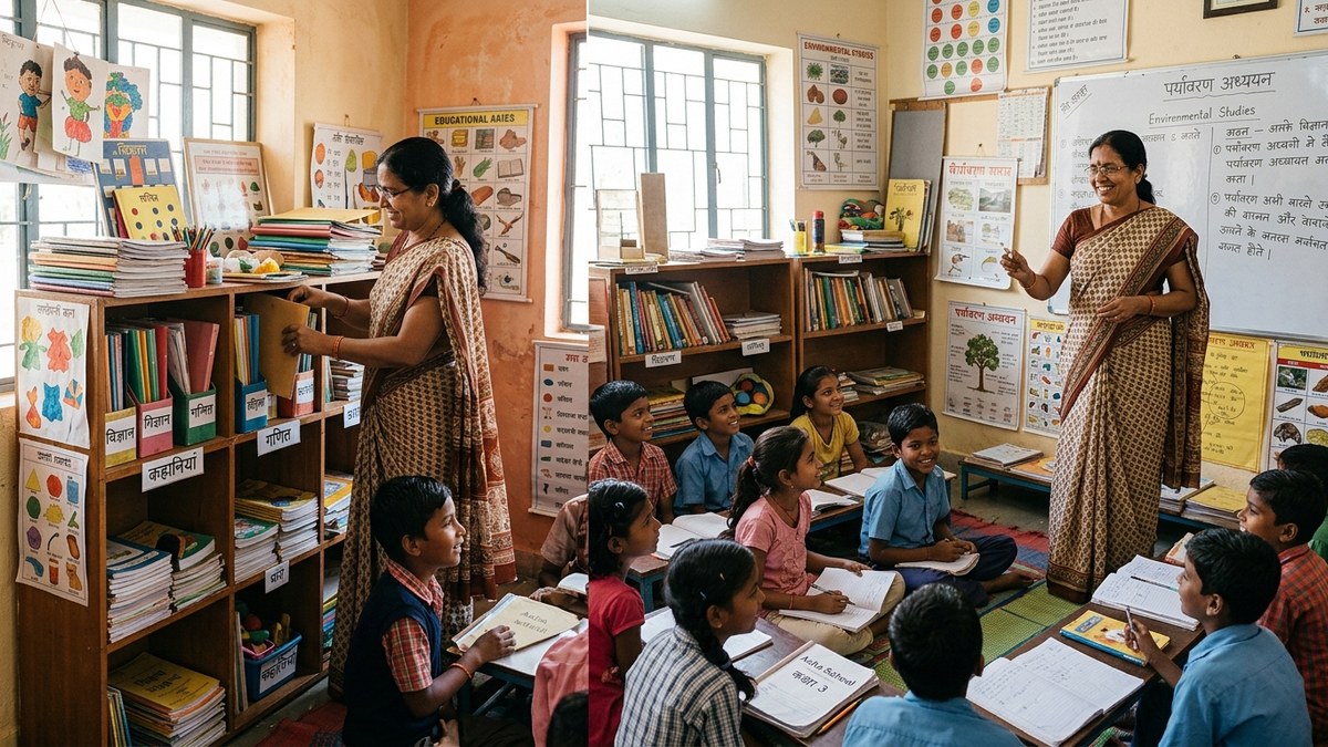 Indian educator organizing learning materials in converted room