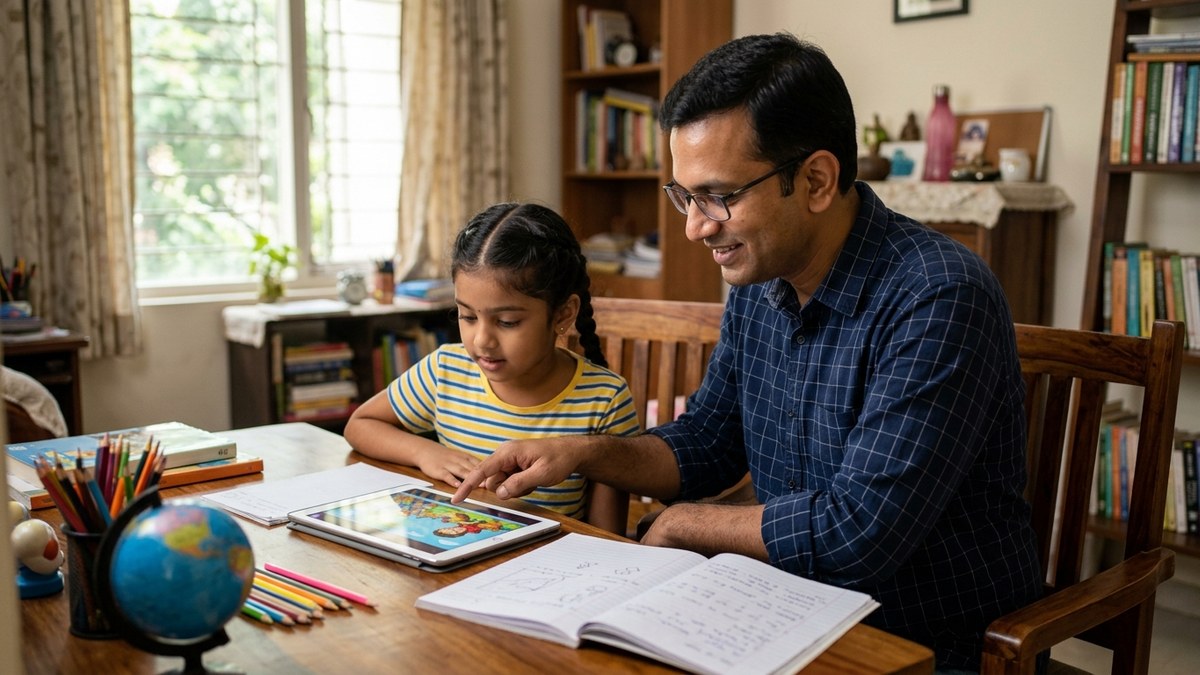 Parent teaching young child at home desk with digital learning tools