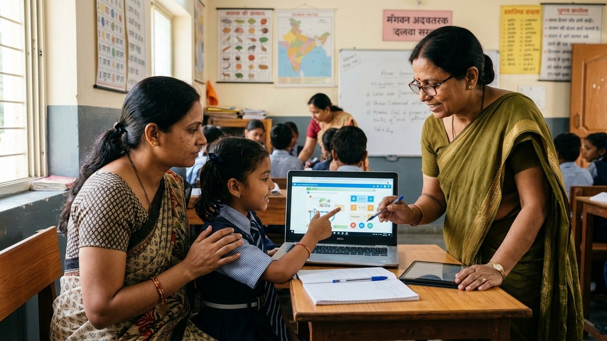 Indian parent and child reviewing educational content on screen together