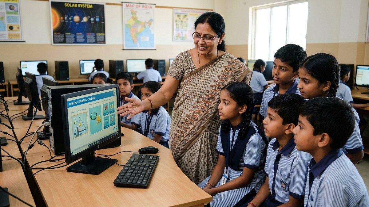 Indian teacher showing digital literacy programs to students