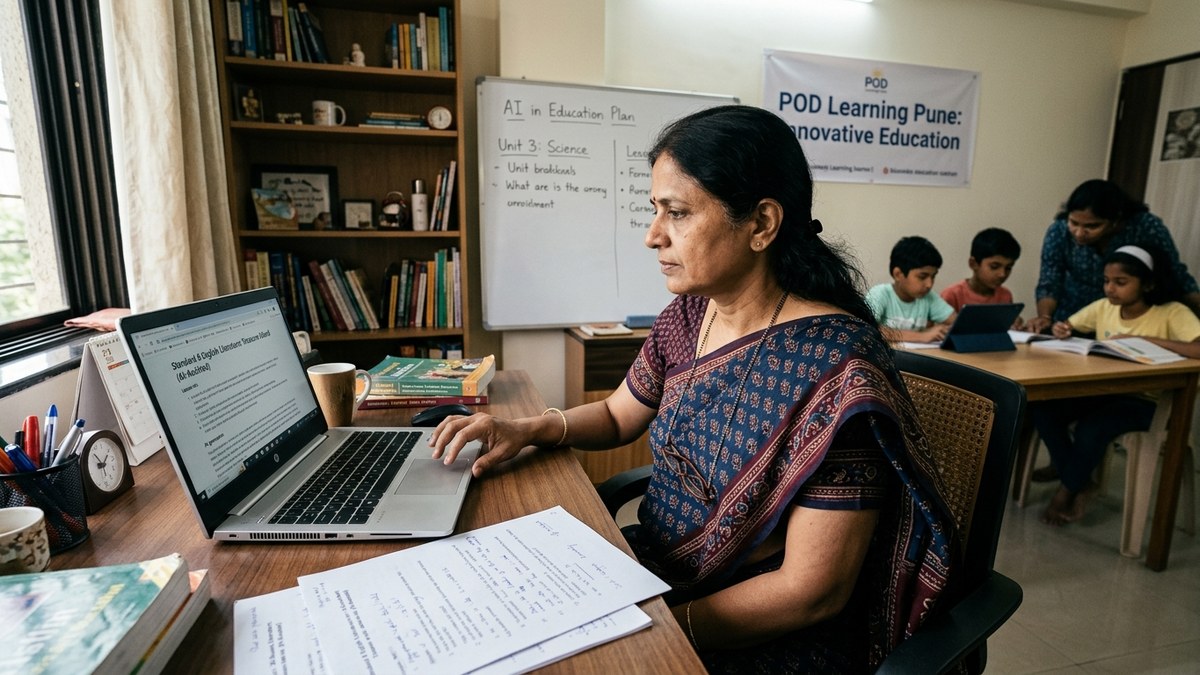 Indian teacher reviewing AI-generated lesson plans on laptop using AI tools for teachers