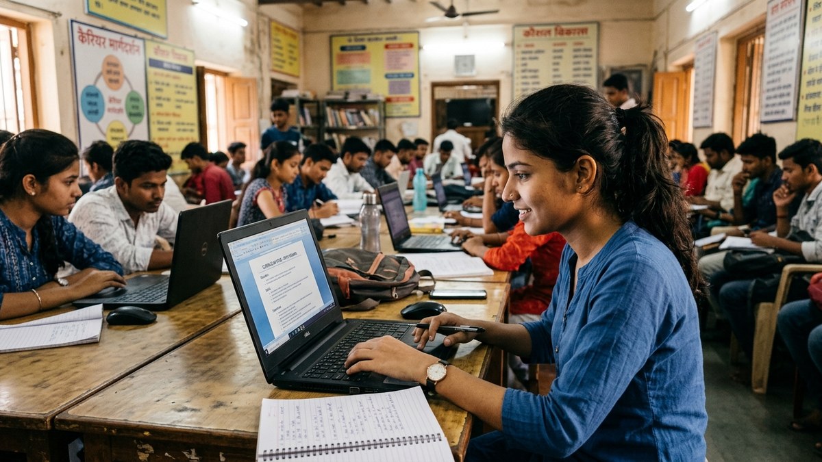 Indian young person preparing resume on laptop