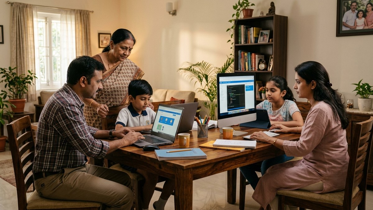 Indian family with children using computers for learning at home in warm setting