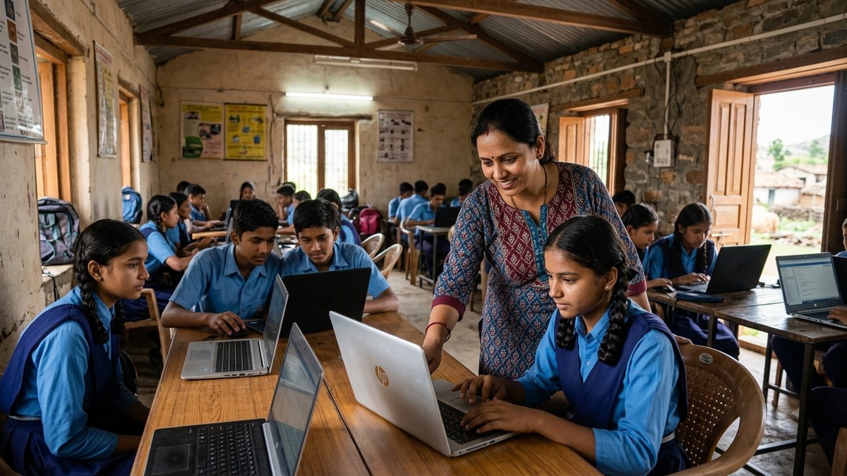 Indian teacher guiding students through a digital skills workshop in a rural community centre