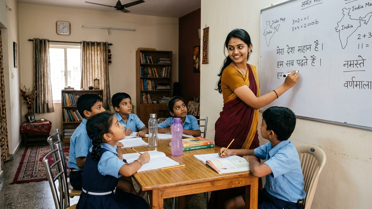 Indian tutor writing on whiteboard while student takes notes at home