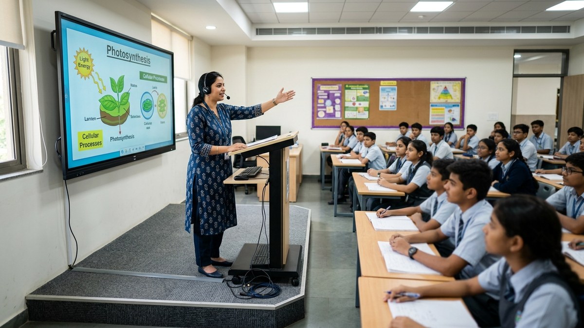 coaching class digital setup - Indian educator teaching with digital tools