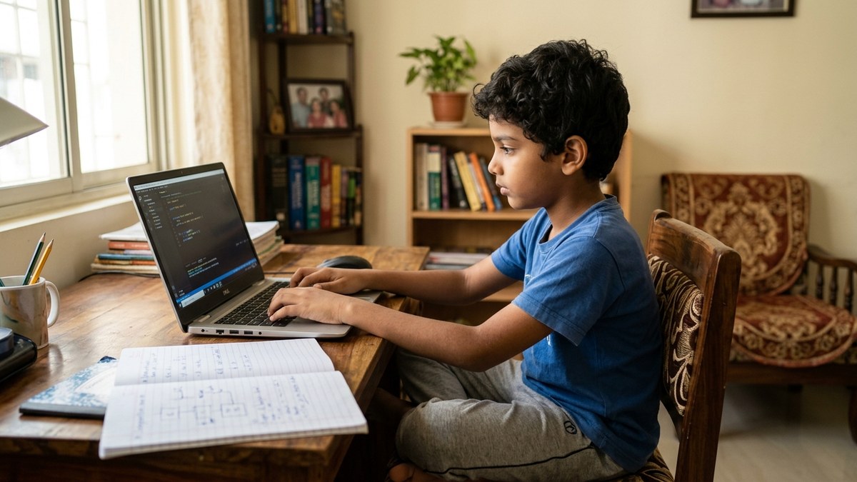 Indian child writing code on laptop screen at home learning to code