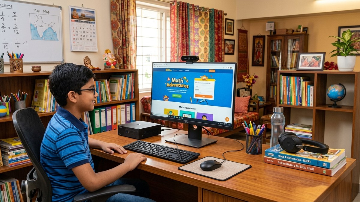 teach from home - Indian home learning space with mini PC setup