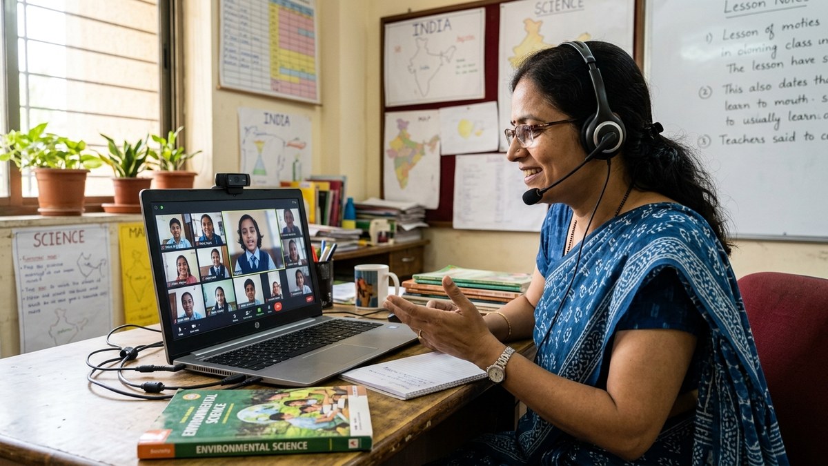 Indian teacher interacting with students via video call