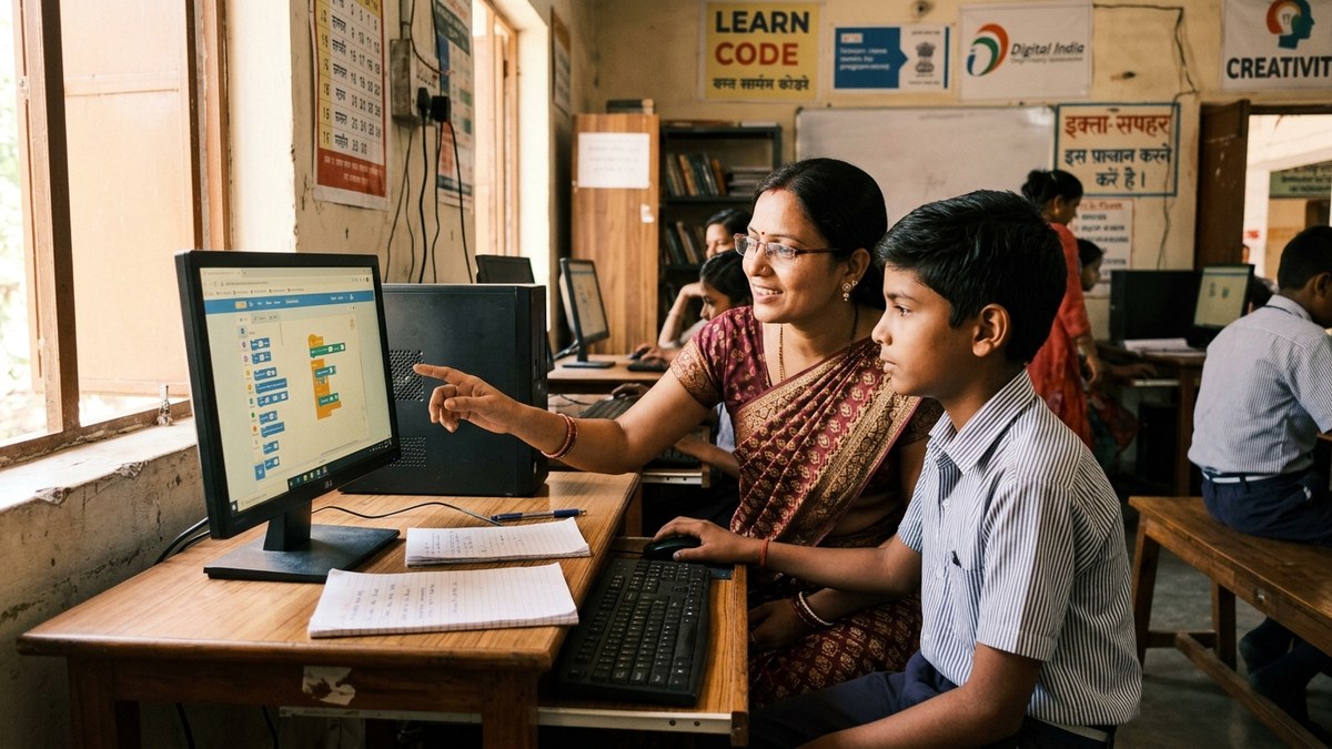 Indian teacher helping student at computer desk in community learning centre