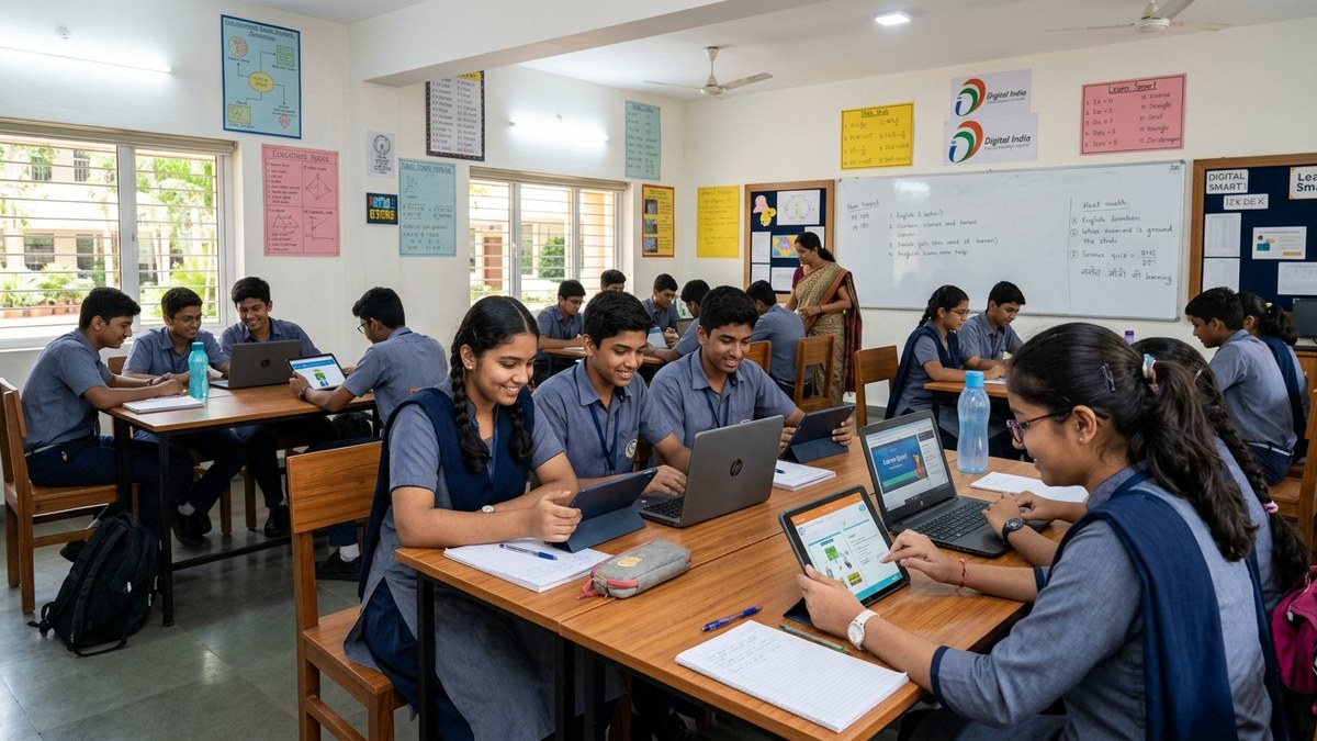Indian students learning digital literacy skills on tablets and laptops
