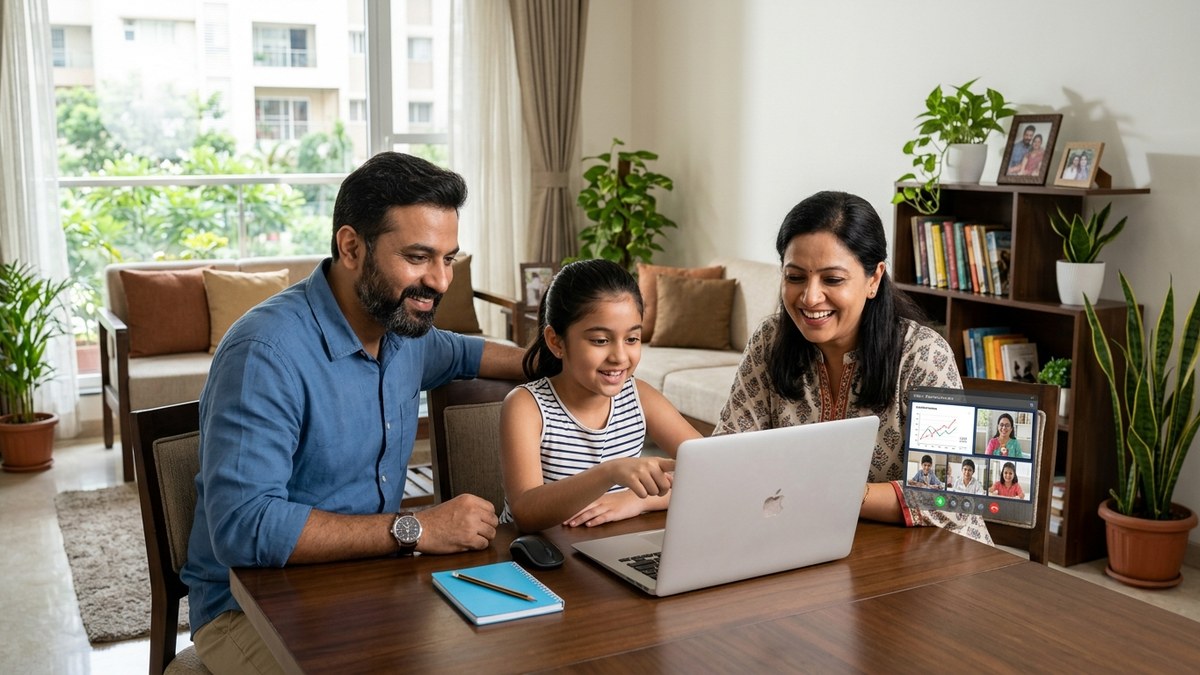 Indian family gathered around a computer for online learning session