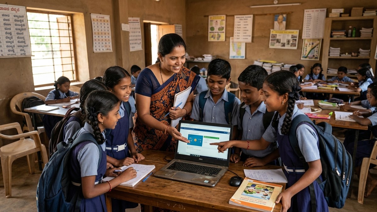 Indian teacher guiding students with laptop in community learning centre