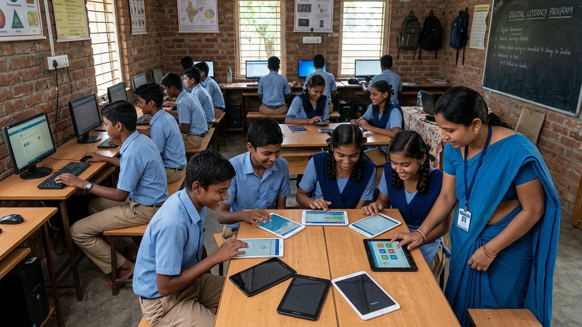 Indian students learning to use tablets and computers as part of a government digital literacy program