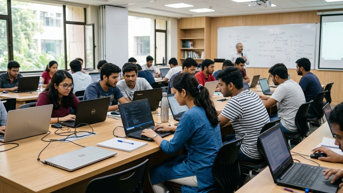 Indian students using laptops in modern classroom