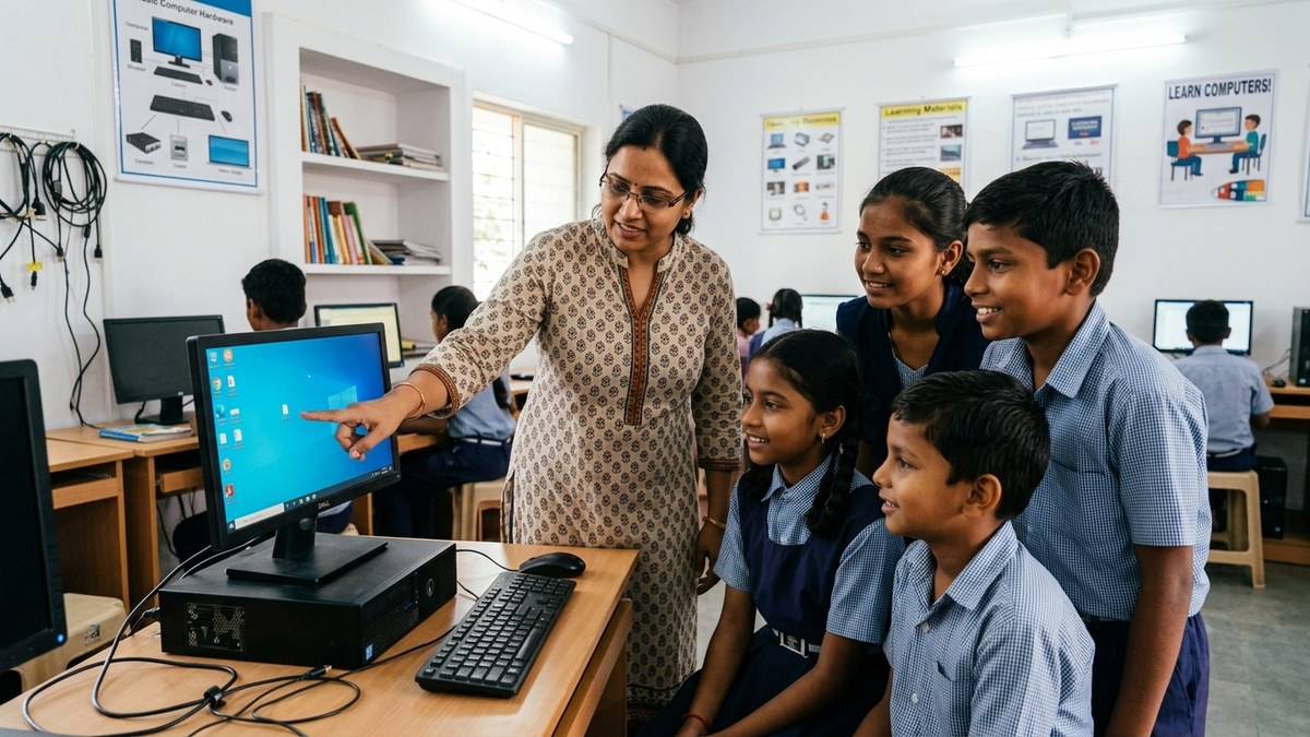 Indian educator teaching digital literacy basics to students at computer