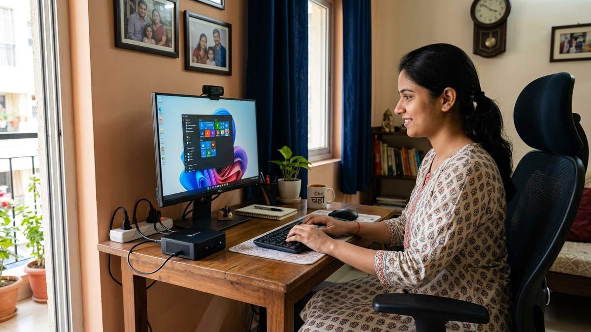 Compact Mini PC setup with monitor keyboard webcam on small desk in Indian home