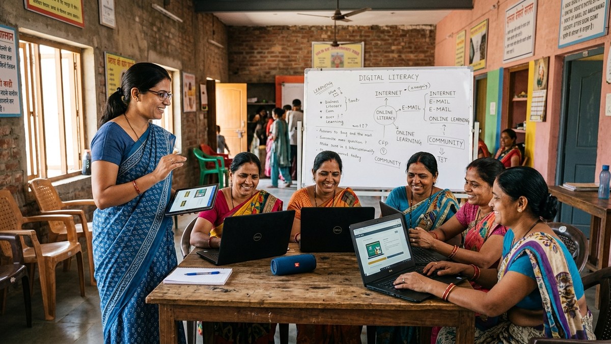 Indian educator teaching neighbours community space digital tools