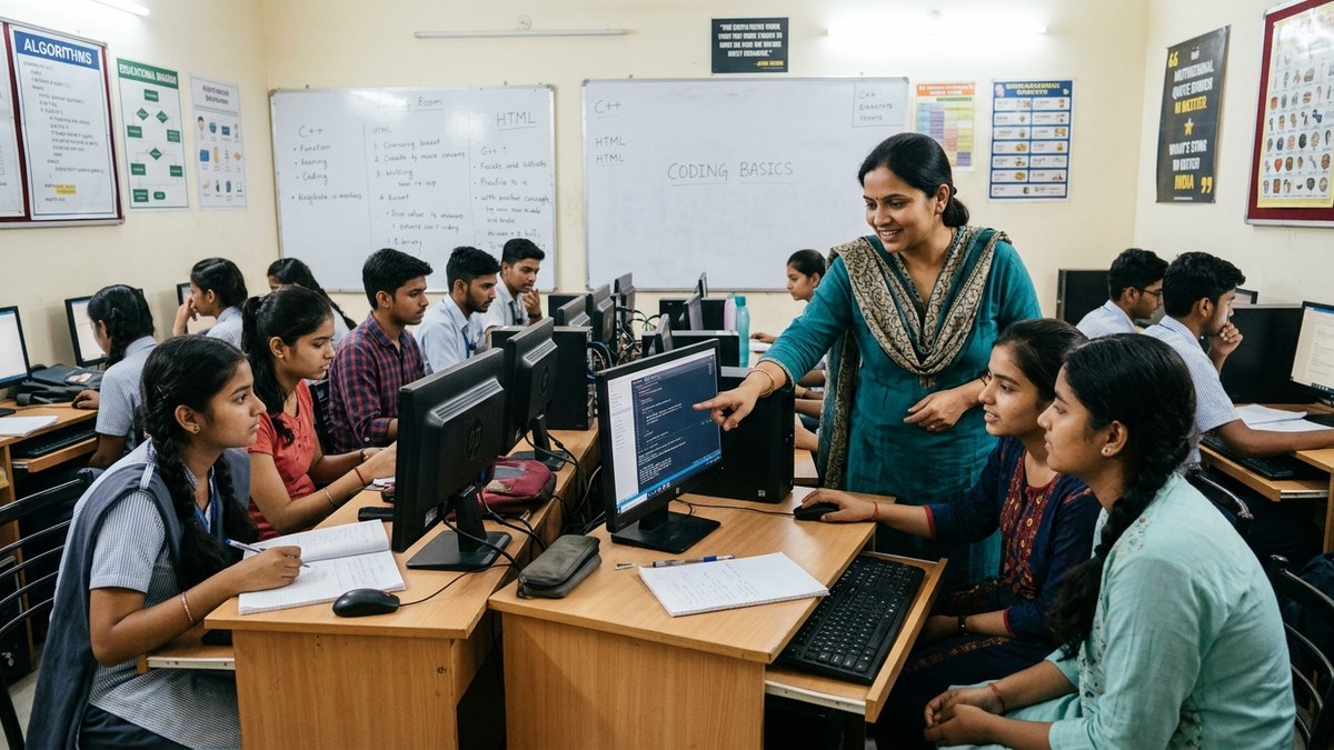 Indian woman teaching students using computer setup in a coaching centre with engaged learning environment