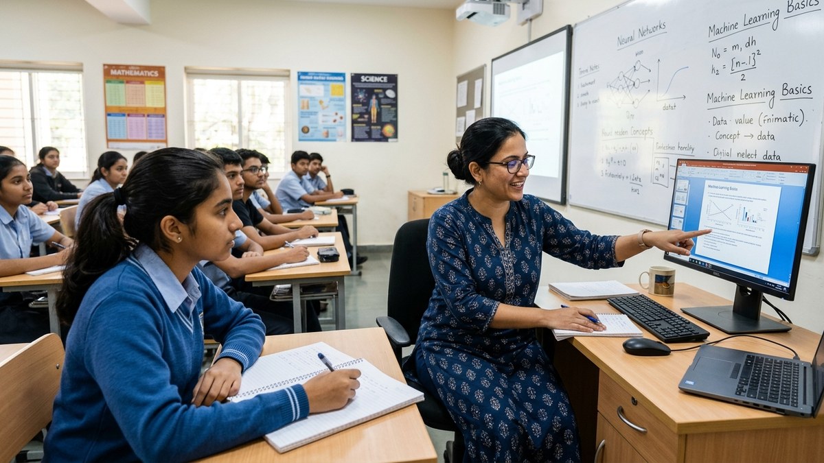 Indian educator teaching students with computer and digital tools in classroom