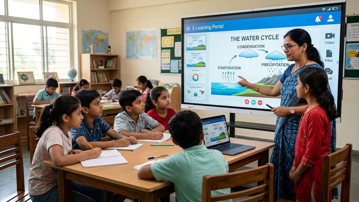 Indian female educator teaching small group using digital whiteboard and online learning platform