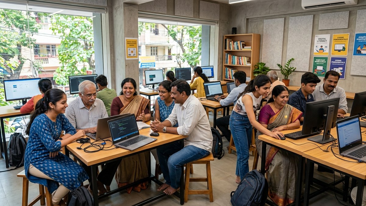 diverse Indian adults students learning together neighbourhood centre