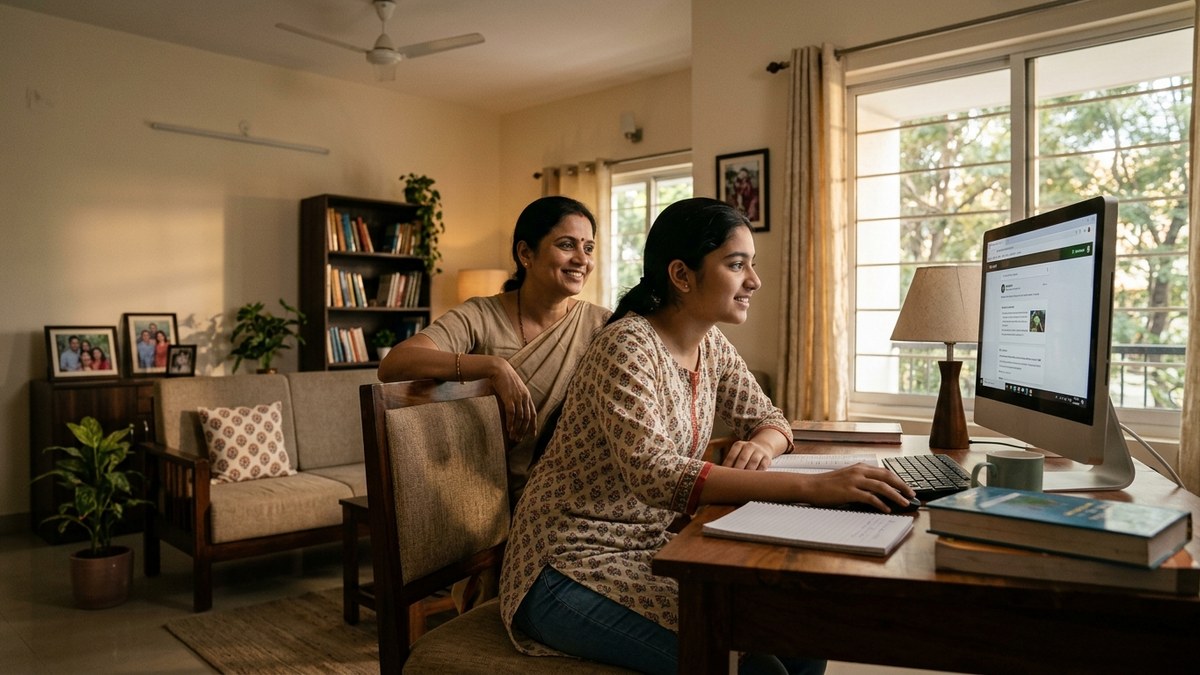 Indian student browsing the internet safely on a computer at home