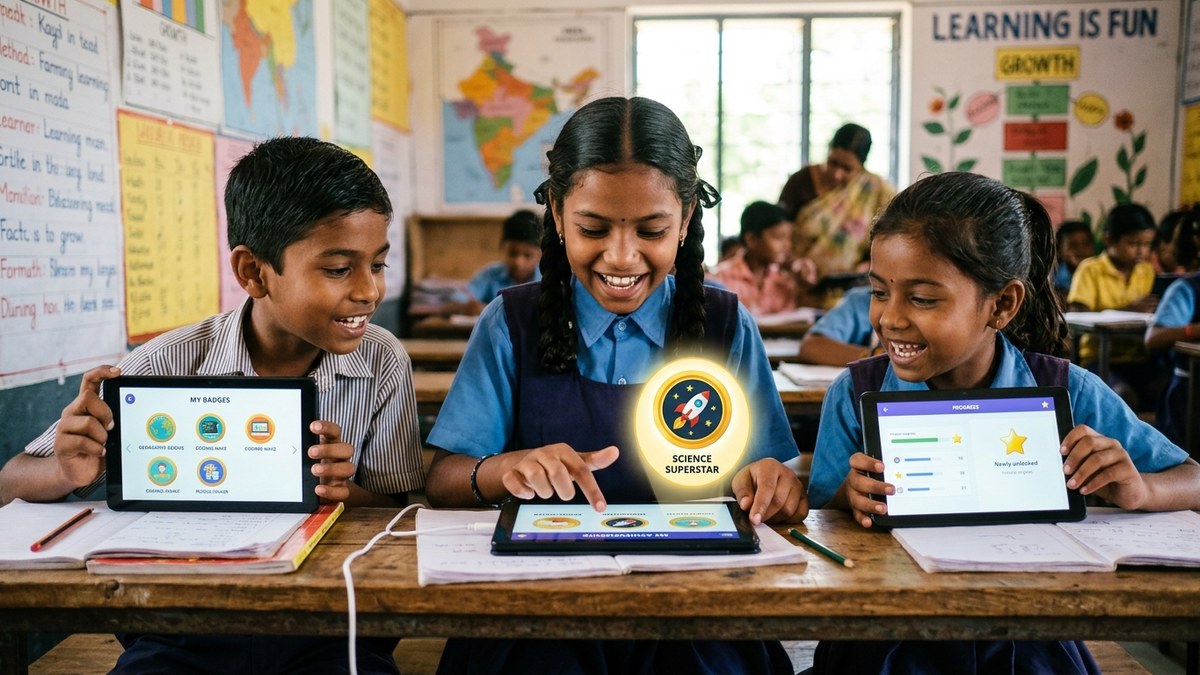 Indian children earning digital badges on a learning platform