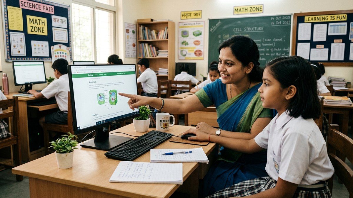 Educator teaching digital skills to adult learner on computer