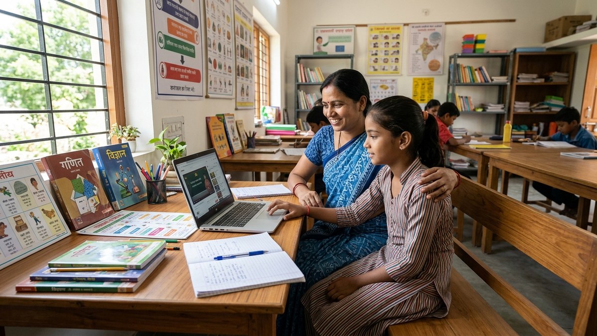 Home tuition setup with digital tools and learning materials